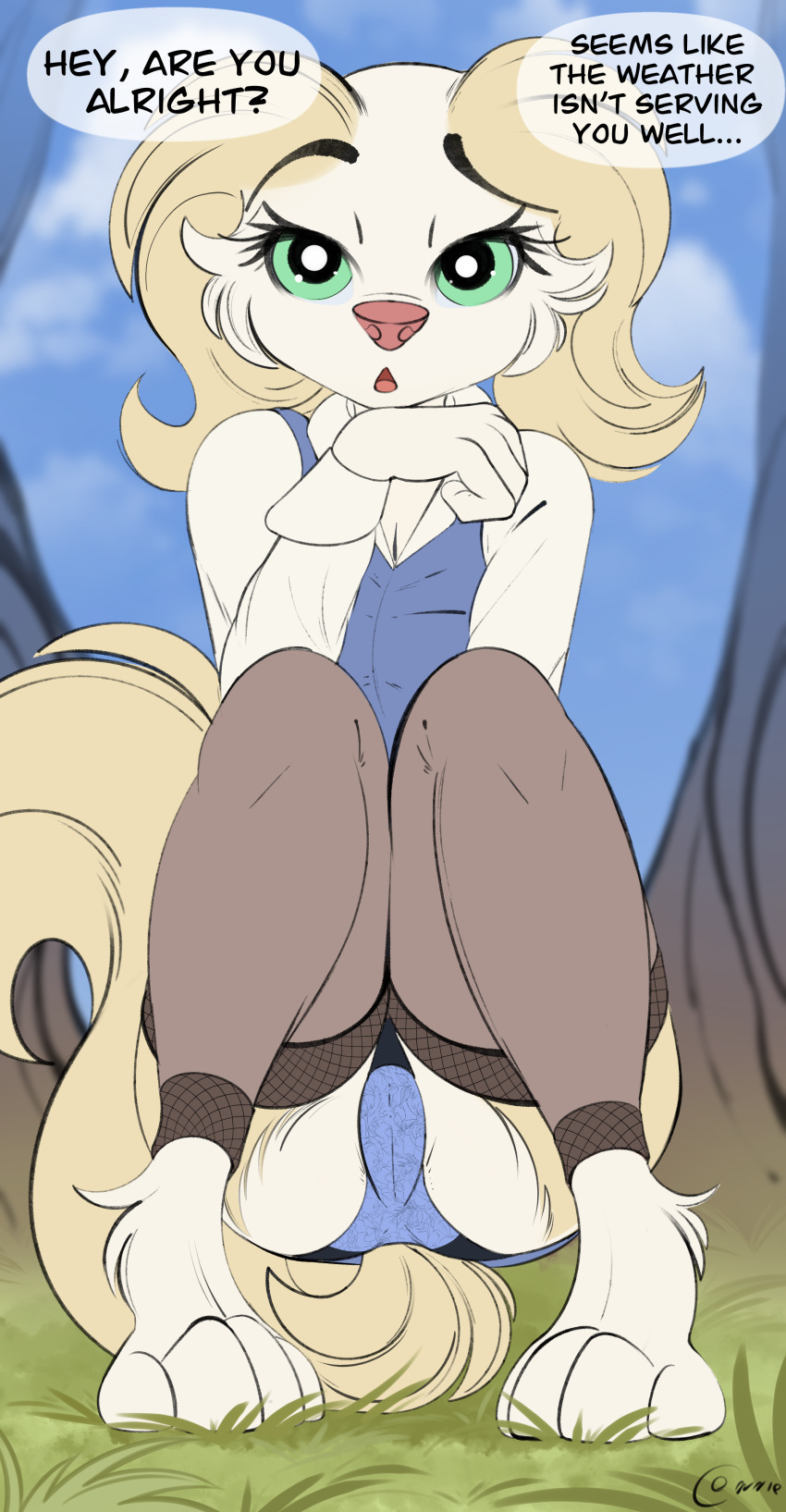 absurd_res aggretsuko anthro butt canid canine clothing conrie female grass hi_res inui_(aggretsuko) invalid_tag legwear looking_at_viewer mammal panties paws plant sanrio shirt solo stockings text topwear underwear upskirt