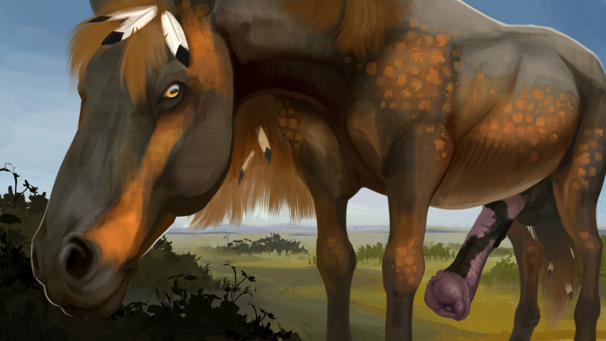 2023 animal_genitalia animal_penis balls brown_body detailed_background equid equine equine_genitalia equine_penis erection feathers feral genitals hi_res horse male mammal mottled mottled_genitalia mottled_penis noz_orlok outside penis stygimoloch_(artist)