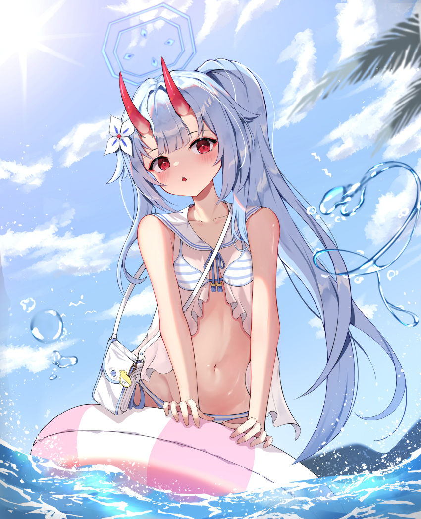 1girl absurdres bag bikini blue_archive blue_hair blue_sky breasts chise_(blue_archive) chise_(swimsuit)_(blue_archive) cleavage cloud cloudy_sky commentary_request day feet_out_of_frame flower hair_between_eyes hair_flower hair_ornament halo handbag highres horns in_water innertube long_hair looking_at_viewer navel ocean official_alternate_costume oni_horns open_mouth outdoors parted_lips red_eyes sailor_collar see-through_camisole shiriaru_(jjonaeng) shoulder_bag side_ponytail sidelocks sky small_breasts solo splashing standing stomach striped striped_bikini sun sunlight swimsuit very_long_hair water water_drop