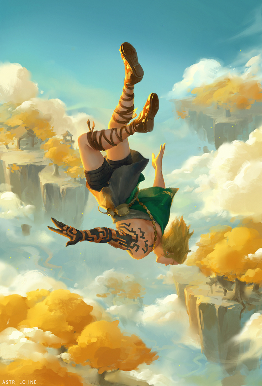 1boy archaic_set_(zelda) arm_tattoo artist_name astri_lohne_sjursen blonde_hair cloud commentary english_commentary falling full_body highres link male_focus short_hair single_bare_shoulder solo tattoo the_legend_of_zelda the_legend_of_zelda:_breath_of_the_wild tree