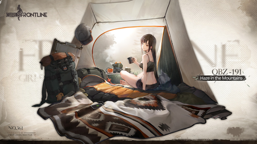 1girl backpack bag bare_legs barefoot baseball_cap black_camisole black_hair black_shorts blanket breasts burner butt_crack camisole cellphone chair closed_mouth commentary cup english_commentary english_text faux_figurine feet folding_chair from_behind full_body girls'_frontline grass hat highres holding holding_cup imoko_(imonatsuki) indian_style kettle long_hair looking_at_viewer looking_back medium_breasts mug official_alternate_costume official_art orange_eyes phone qbz-191_(girls'_frontline) qbz-191_(haze_in_the_mountains)_(girls'_frontline) second-party_source short_shorts shorts simple_background sitting sleeping_bag smartphone soles solo tent tent_interior toes very_long_hair white_background