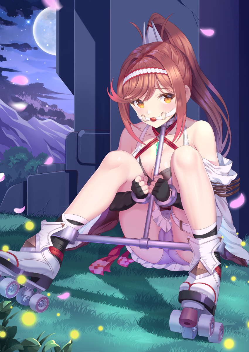 1girl absurdres ass ass_visible_through_thighs ball_gag bare_shoulders blush bound bound_legs breasts cameltoe chest_jewel cleavage collar core_crystal_(xenoblade) criss-cross_halter cuffs detached_sleeves fingerless_gloves gag glimmer_(xenoblade) gloves halterneck handcuffs high_ponytail highres japanese_clothes kimono large_breasts long_hair looking_at_viewer okazakileo panties ponytail red_hair restrained roller_skates shackles skates solo spread_legs swept_bangs thighs underwear white_kimono wide_sleeves xenoblade_chronicles_(series) xenoblade_chronicles_3 xenoblade_chronicles_3:_future_redeemed