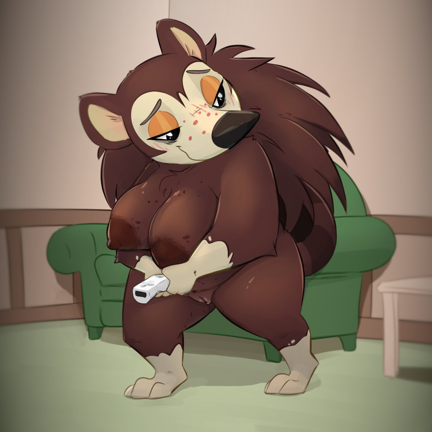 2023 absurd_res animal_crossing anthro big_breasts breasts brown_body brown_fur casual_nudity controller curvy_figure detailed_background eulipotyphlan female fur game_controller gaming genitals hedgehog hi_res holding_controller holding_object honeymono inside looking_away mammal nintendo nintendo_controller nude nude_female pussy sable_able solo thick_thighs voluptuous wii wii_remote