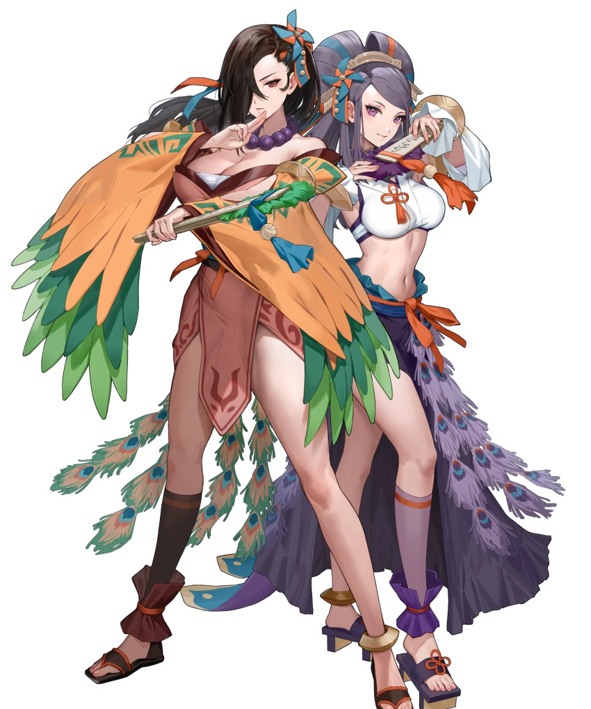 2girls bare_shoulders breasts brown_hair cleavage closed_mouth detached_sleeves ekao feathers feet fire_emblem fire_emblem_fates fire_emblem_heroes folded_fan folding_fan full_body geta hair_ornament hair_over_one_eye hand_fan highres holding japanese_clothes jewelry kagero_(fire_emblem) kimono large_breasts legs lips long_hair looking_at_viewer midriff multiple_girls navel necklace non-web_source official_art orochi_(fire_emblem) purple_eyes purple_hair red_eyes reverse_grip sandals short_kimono side_slit skirt smile standing stomach toeless_footwear toenails toes transparent_background wide_sleeves