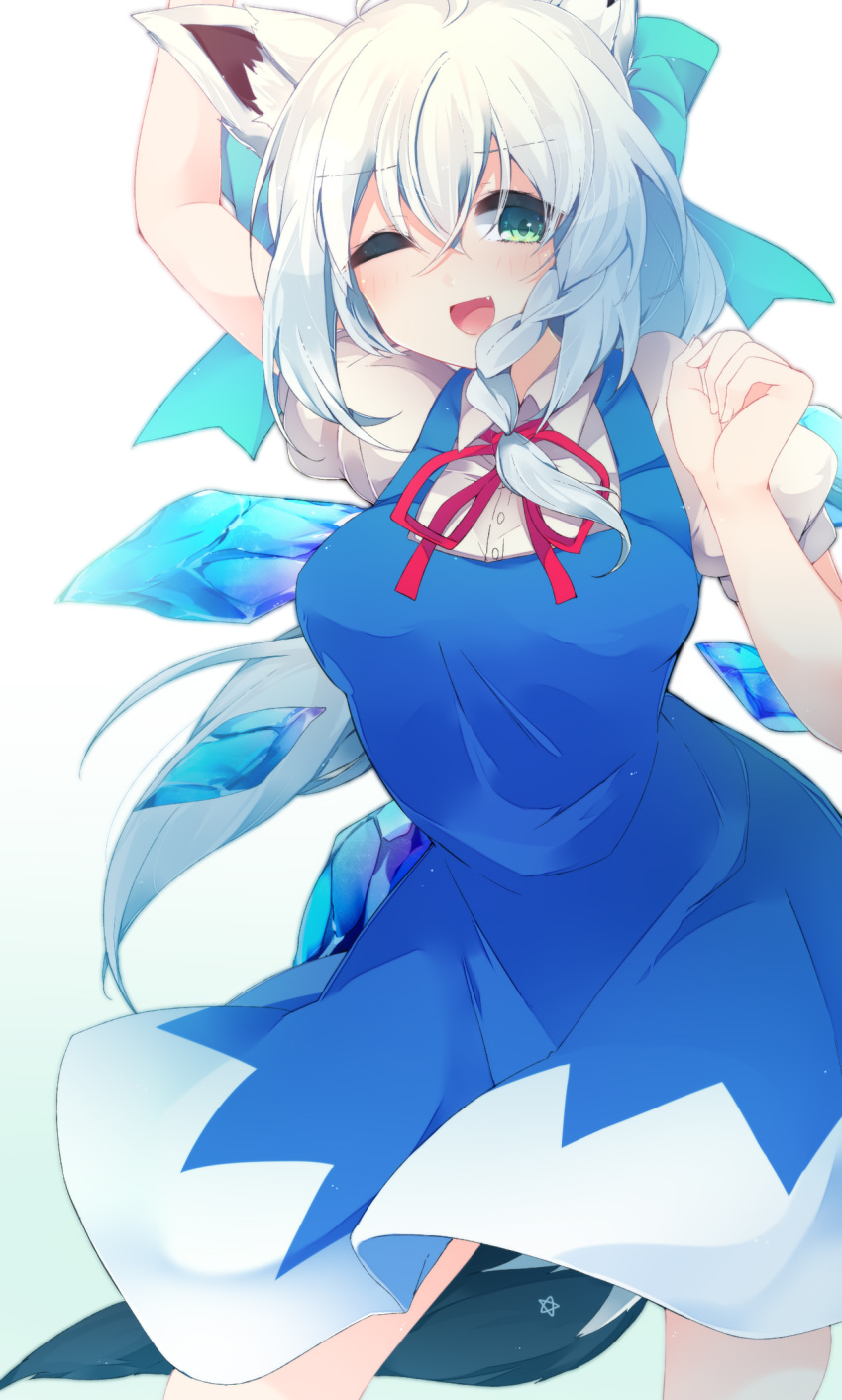 1girl animal_ears arm_up blue_dress breasts cirno cirno_(cosplay) commentary_request cosplay dress fox_ears fox_girl fox_tail fuuen_(akagaminanoka) green_eyes highres hololive ice ice_wings medium_breasts medium_dress one_eye_closed open_mouth puffy_short_sleeves puffy_sleeves shirakami_fubuki short_sleeves smile solo star_(symbol) tail touhou virtual_youtuber white_hair wings