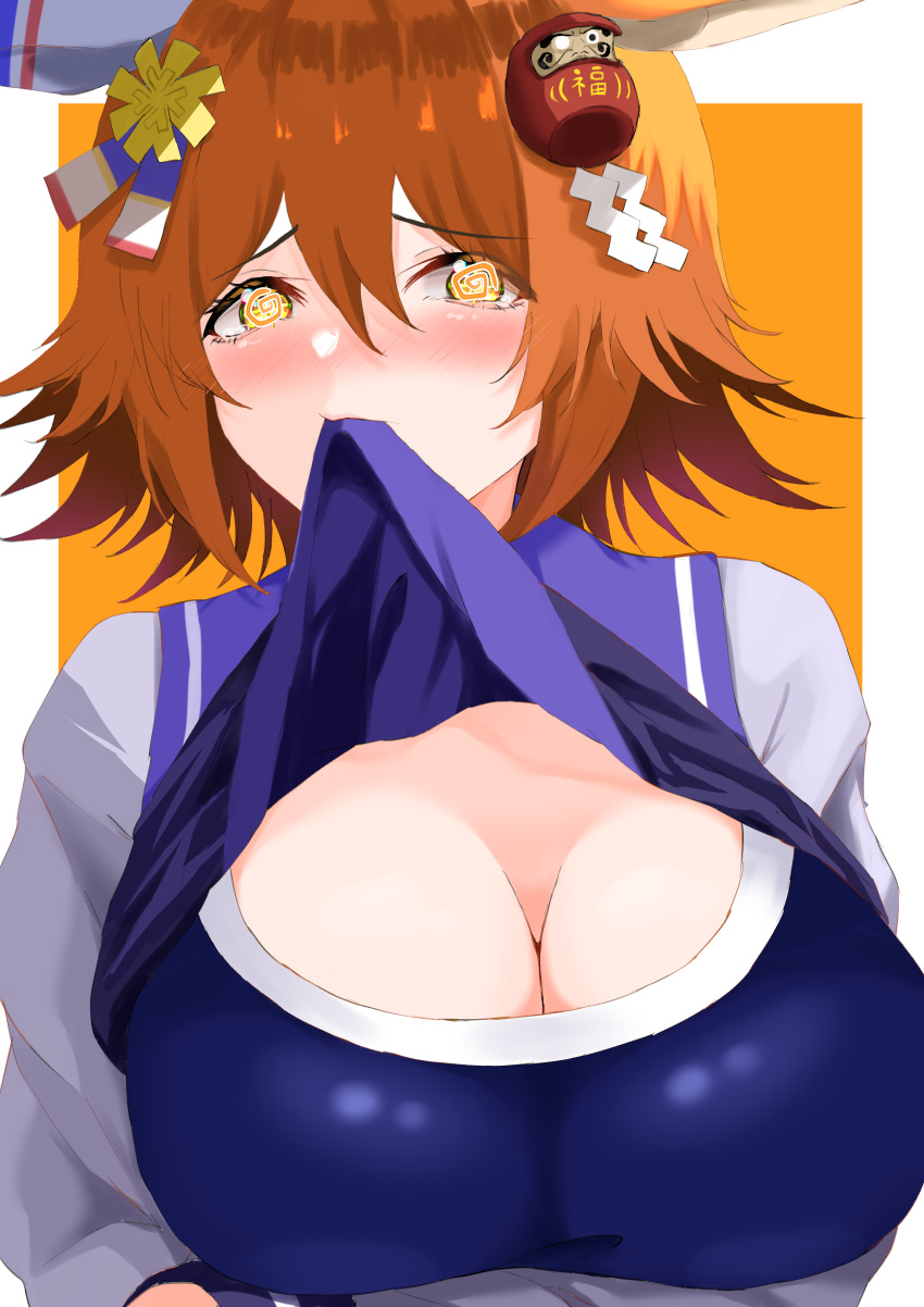 1girl @_@ absurdres animal_ears arms_under_breasts blush breasts cleavage clover_hair_ornament commentary_request daruma_doll ear_covers flipped_hair four-leaf_clover_hair_ornament hair_ornament highres horse_ears horse_girl large_breasts long_sleeves matikanefukukitaru_(umamusume) mouth_hold orange_hair potechitarou purple_shirt school_uniform shirt shirt_hold short_hair simple_background single_ear_cover solo swimsuit swimsuit_under_clothes tracen_school_uniform tracen_swimsuit umamusume white_background yellow_eyes