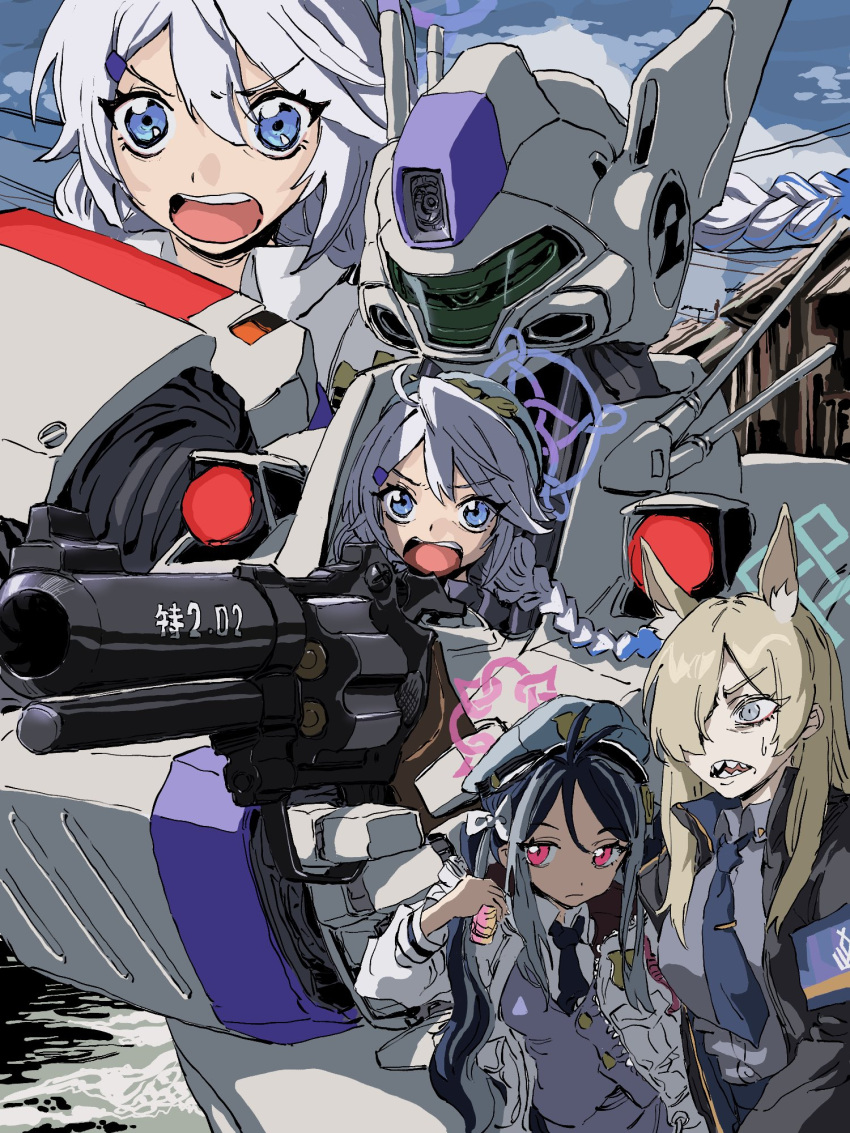 1girl 3girls ahoge animal_ear_fluff av-98_ingram blue_archive blue_hair crossover fubuki_(blue_archive) grey_hair gun hair_over_one_eye halo hat highres jacket kanna_(blue_archive) kidou_keisatsu_patlabor kirino_(blue_archive) long_hair mecha multicolored_hair multiple_girls necktie orrdriver red_eyes robot sharp_teeth streaked_hair teeth twintails weapon white_hair