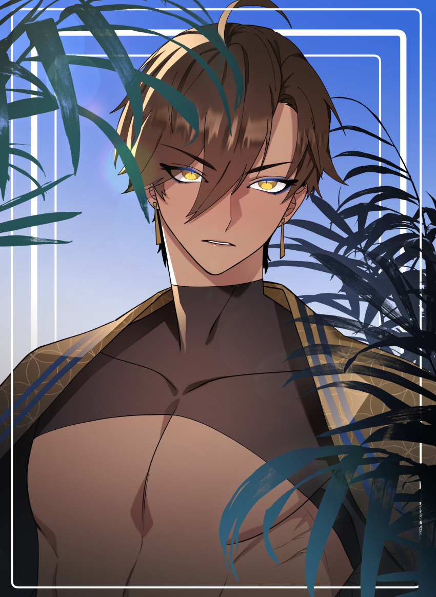 1boy absurdres ahoge bishounen blue_eyeliner brown_hair collarbone dabin dangle_earrings dark-skinned_male dark_skin earrings eyeliner fate/grand_order fate_(series) hair_between_eyes highres jewelry looking_at_viewer makeup male_focus ozymandias_(fate) pectorals plant portrait short_hair slit_pupils solo yellow_eyes