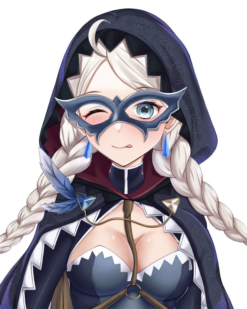 1girl absurdres ahoge blue_brooch blue_eyes blue_feathers braid breasts cape chain cleavage commission commissioner_upload crystal_earrings devaniart earrings eye_mask feathers fire_emblem fire_emblem_fates fire_emblem_heroes gold_chain harness highres hood hood_up hooded_cape jewelry long_hair looking_at_viewer low_twin_braids medium_breasts nina_(fire_emblem) nina_(thief)_(fire_emblem) non-web_source o-ring official_alternate_costume one_eye_closed parted_bangs tongue tongue_out transparent_background turtleneck twin_braids upper_body