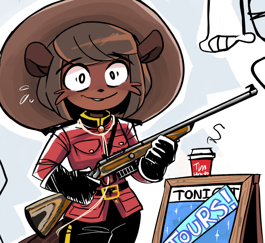 absurd_res anthro beaver beaver_girl_(peargor) canadian clothing crazy_eyes female gun hi_res mammal peargor police_uniform ranged_weapon rifle rodent royal_canadian_mounted_police solo tim_hortons uniform weapon