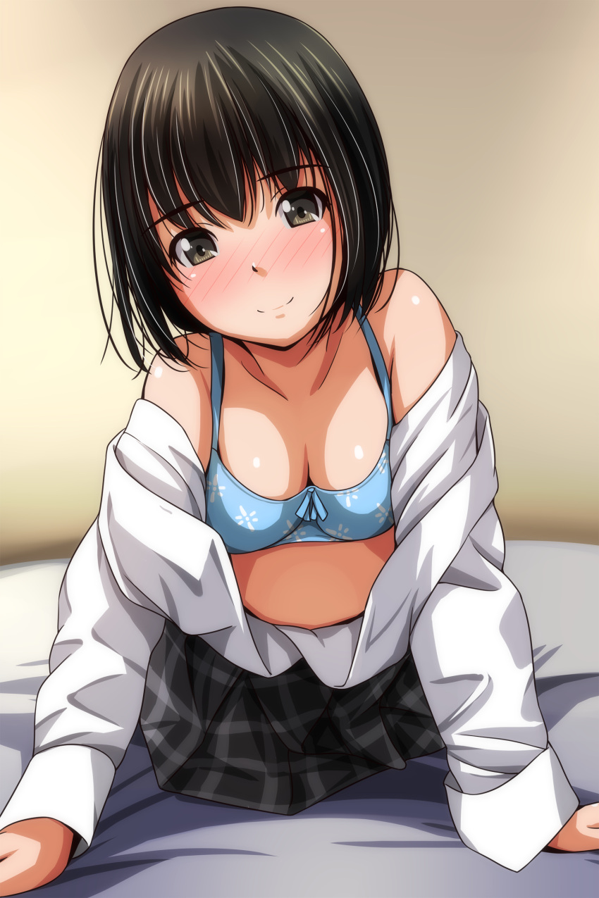 1girl absurdres arm_support bare_shoulders bed_sheet black_hair blue_bra blush bob_cut bow bow_bra bra breasts brown_eyes checkered_clothes checkered_skirt collarbone floral_print head_tilt highres indoors looking_at_viewer matsunaga_kouyou nose_blush open_clothes open_shirt original school_uniform shiny_skin short_hair skirt small_breasts smile solo underwear uniform