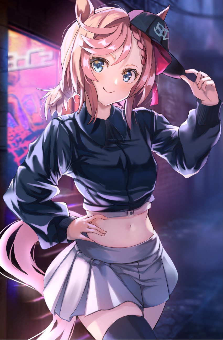 1girl animal_ears black_jacket black_thighhighs blue_eyes blush boc'z_(umamusume) braid closed_mouth collared_jacket commentary_request cowboy_shot cropped_jacket ears_through_headwear grey_skirt hand_on_own_hip highres horse_ears horse_girl horse_tail jacket kamome_(aiou0413) long_sleeves looking_at_viewer medium_hair midriff navel pleated_skirt single_braid skirt smile solo tail thighhighs umamusume venus_park_(umamusume)