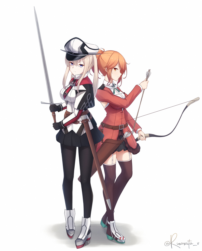 2girls absurdres aquila_(kancolle) armpit_cutout arrow_(projectile) aticsanir belt black_gloves black_pantyhose black_skirt black_thighhighs blonde_hair bow_(weapon) brown_belt capelet celtic_knot clothing_cutout cross garter_straps gloves graf_zeppelin_(kancolle) graf_zeppelin_kai_(kancolle) green_ribbon hair_between_eyes hair_ornament hairclip hat high_ponytail highres holding holding_arrow holding_bow_(weapon) holding_sword holding_weapon iron_cross jacket kantai_collection long_hair long_sleeves military_uniform miniskirt multiple_girls necktie orange_eyes orange_hair pantyhose peaked_cap photoshop_(medium) pleated_skirt ponytail quiver red_jacket red_necktie ribbon scabbard sheath sidelocks skirt standing sword thighhighs twintails two-handed_sword uniform unsheathed wavy_hair weapon white_garter_straps