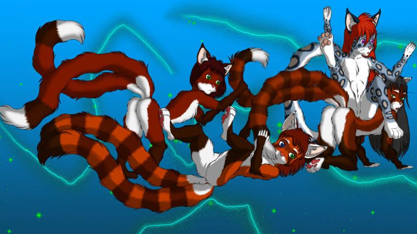 absurd_res angry anthro cat_tail dog_pile ear_tuft felid feline female female/female group hi_res inner_ear_fluff male male/female male/male mammal pantherine pawpads paws playful ryuukei8569 snow_leopard tail tuft