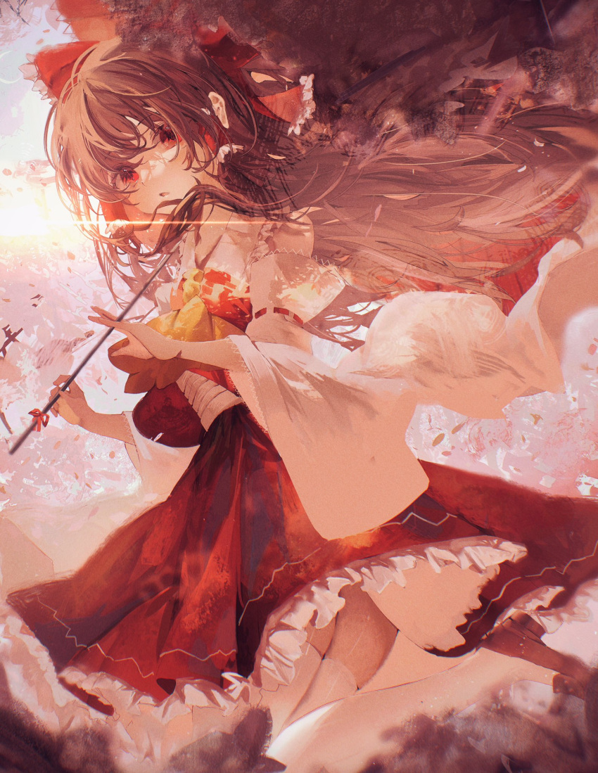 1girl ascot bare_shoulders bow brown_hair detached_sleeves frilled_skirt frills hair_bow hair_tubes hakurei_reimu highres holding japanese_clothes long_hair nontraditional_miko open_mouth red_bow red_eyes red_footwear red_skirt ribbon-trimmed_sleeves ribbon_trim shoes sidelocks skirt solo thighhighs toho_sweet touhou white_sleeves white_thighhighs wide_sleeves yellow_ascot