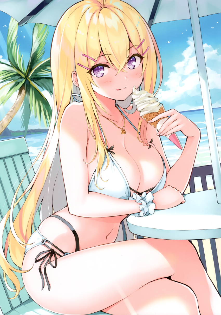 1girl absurdres bare_shoulders bikini blonde_hair blue_sky blush chair cloud cloudy_sky cu-no day food hair_ornament hairclip hakurei_botan highres hisen_kaede holding holding_food ice_cream jewelry long_hair looking_at_viewer navel necklace ocean outdoors palm_leaf palm_tree purple_eyes scrunchie simple_background sitting sky smile solo stomach swimsuit table tree water wrist_scrunchie