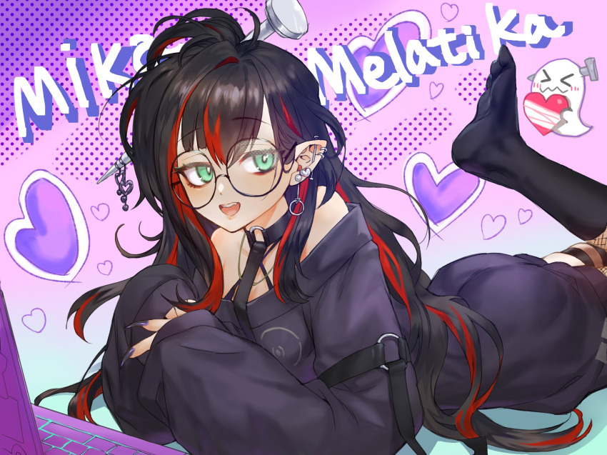 1girl ass black_collar black_hair black_nails black_sweater black_thighhighs blush character_name collar computer earrings fingernails ghost glasses green_eyes hair_behind_ear heart highres jewelry laptop long_fingernails mika_melatika multicolored_hair nijisanji nijisanji_id nobo_(16bit2dop) o-ring_collar off-shoulder_sweater off_shoulder pointy_ears purple_background red_hair round_eyewear soles solo streaked_hair sweater thighhighs virtual_youtuber