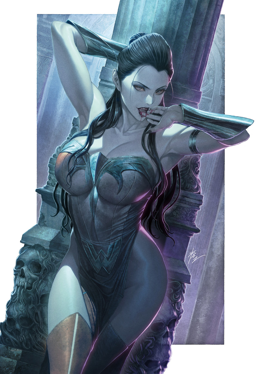1girl adapted_costume alternate_costume alternate_universe amazon_warrior architecture arm_behind_head black_hair blood boots border breasts dc_comics gauntlets gothic greco-roman_architecture highres homare_(fool's_art) large_breasts leotard licking licking_blood licking_finger long_hair official_alternate_costume official_art pelvic_curtain pillar red_footwear skull thigh_boots vampire white_border wonder_woman wonder_woman_(series)