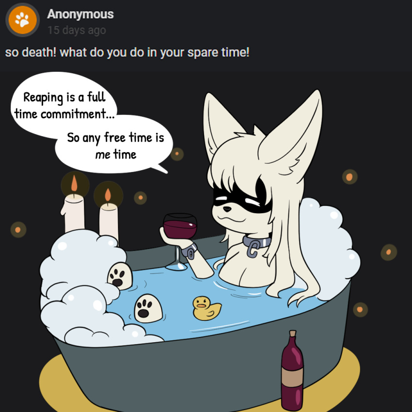 alcohol anthro ask_blog bath bathtub beverage bubble_bath candle collar cuff_(restraint) death_(whitev) dialogue female fur mostly_nude obscured_eyes pawpads paws restraints rubber_duck shackles shadowed_eyes simple_background solo speech_bubble white_body white_fur whitev wine