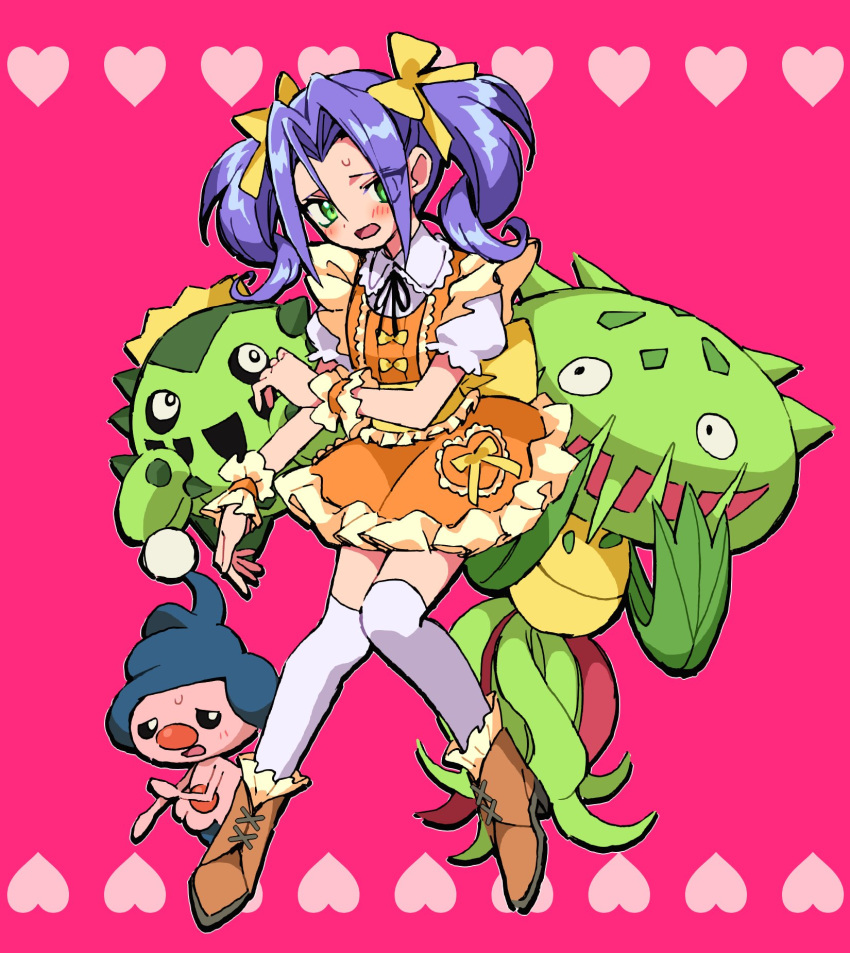 1boy blush cacnea carnivine crossdressing green_eyes hair_ribbon heart highres james_(pokemon) macchiromomomo mime_jr. pink_background pokemon pokemon_(anime) pokemon_(creature) purple_hair ribbon short_twintails shy twintails