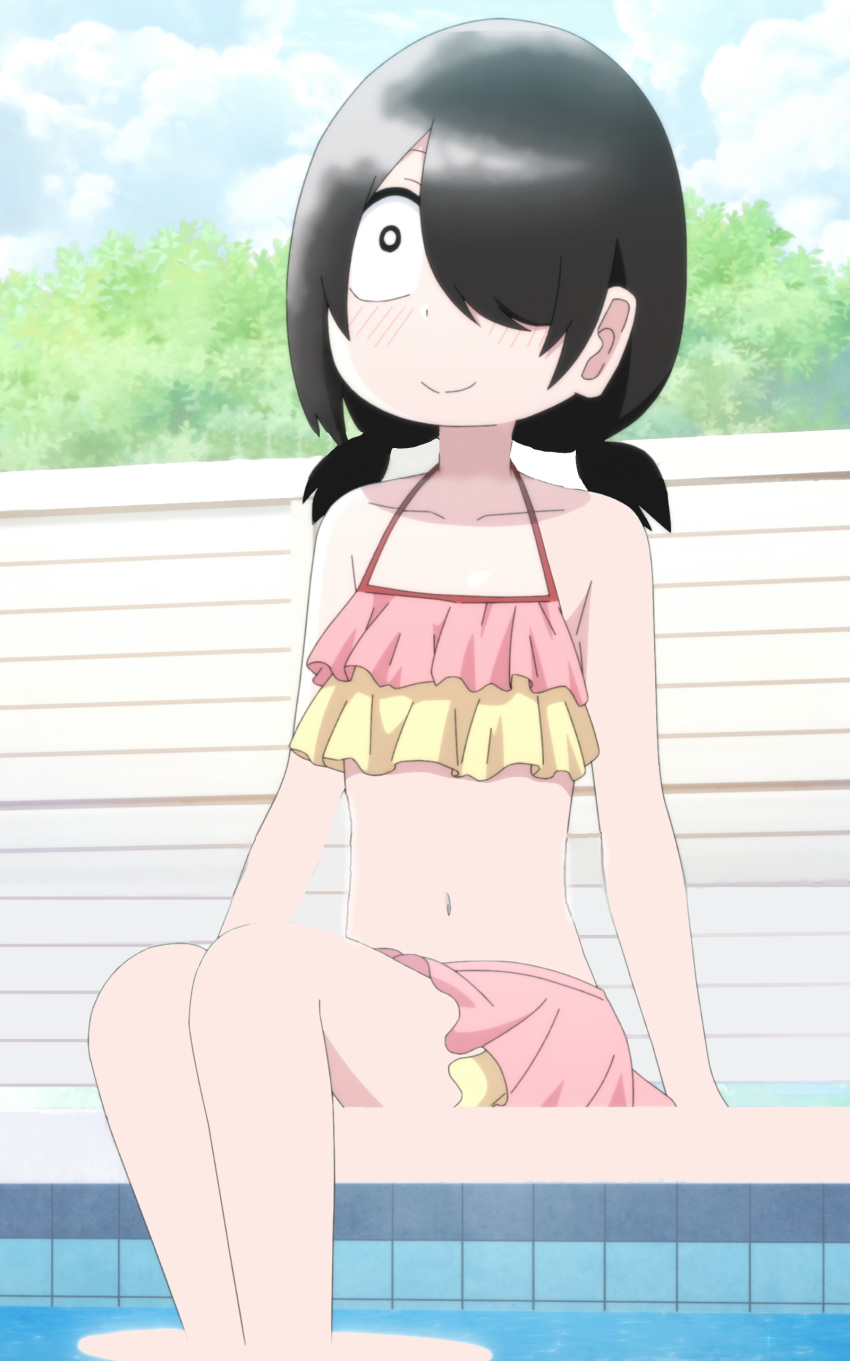 1girl absurdres arm_support arms_at_sides artist_request bikini bikini_skirt black_hair blue_sky closed_mouth cloud cloudy_sky collarbone constricted_pupils day feet_out_of_frame fence flat_chest halterneck highres jijou_wo_shiranai_tenkousei_ga_guigui_kuru. layered_bikini looking_afar low_twintails medium_hair nishimura_akane non-web_source outdoors parted_bangs pink_bikini pool poolside short_twintails sitting sky smile soaking_feet solo split swimsuit tile_wall tiles tree twintails two-tone_bikini water yellow_bikini