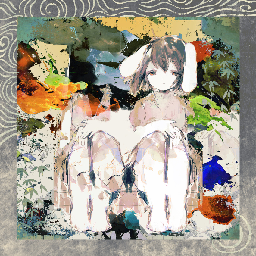 1girl abstract anabone animal_ears barefoot brown_hair closed_mouth highres inaba_tewi rabbit_ears short_hair sitting touhou