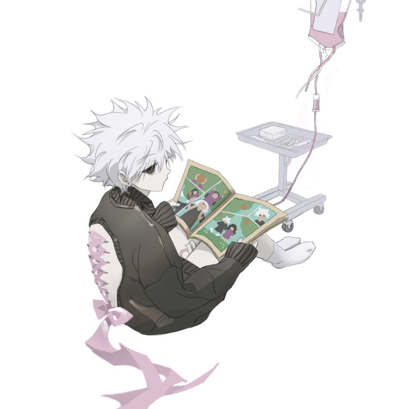 1boy absurdres back_cutout back_piercing backless_outfit bdsm black_sweater body_piercings book box clothing_cutout corset_piercing full_body grey_hair highres holding holding_book hunter_x_hunter intravenous_drip killua_zoldyck knees_up long_sleeves looking_at_viewer male_focus manga_(object) no_shoes open_book piercing pink_ribbon ribbon short_hair sideways_glance simple_background sitting sleeves_past_wrists socks solo spiked_hair sufferingg sweater tray white_background white_hair white_socks