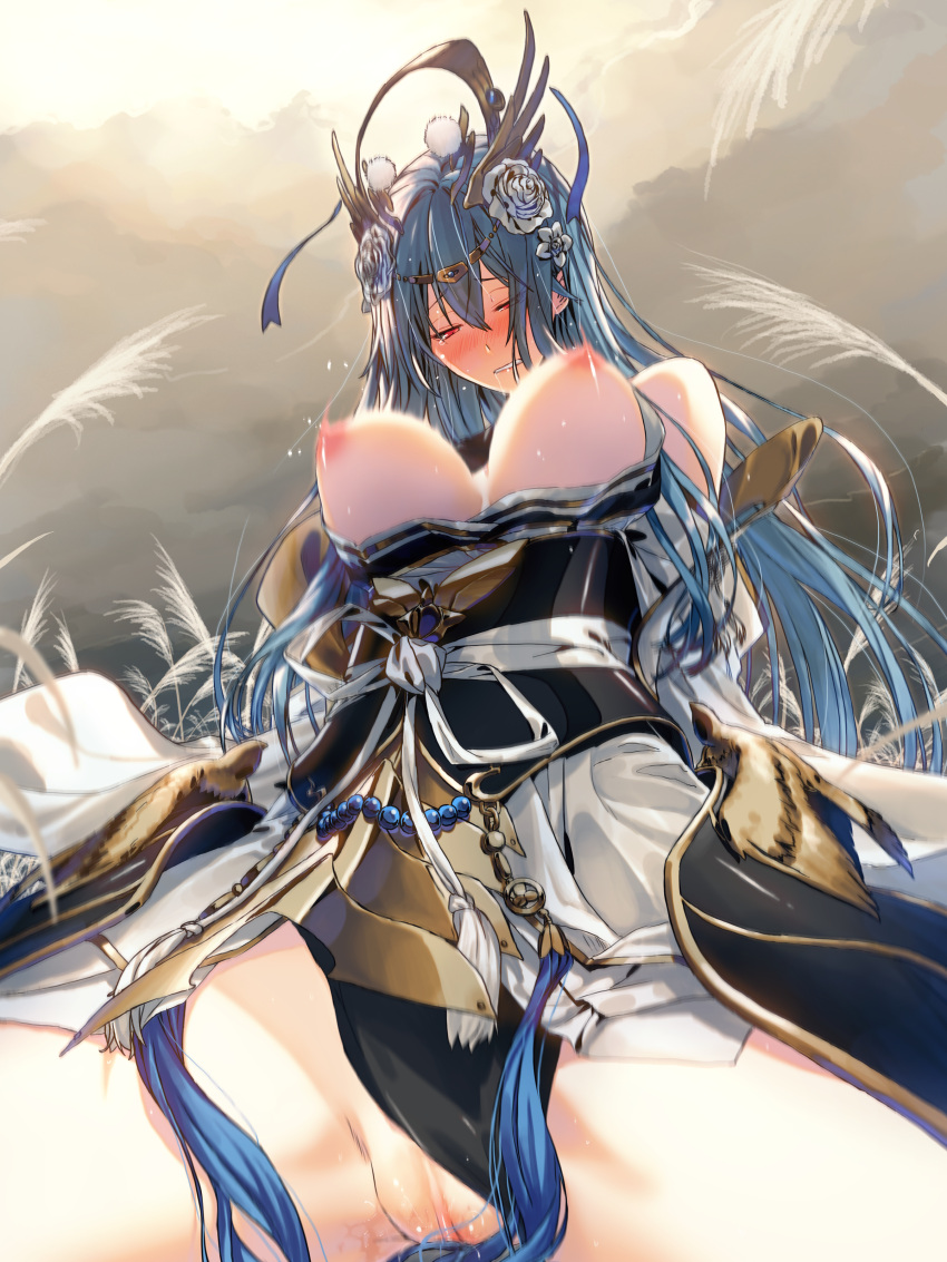 1girl absurdres bad_source beads blue_hair blush bouncing_breasts breasts breasts_out commission commissioner_upload embarrassed hair_ornament highres long_hair looking_down matsuki_akira motion_lines mu_xiaokui_(phantom_blade) nipples phantom_blade_(game) pussy red_eyes reeds skeb_commission solo sweat tassel tearing_up