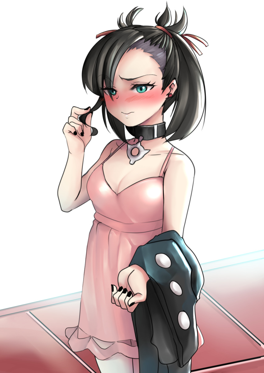 1girl asymmetrical_bangs black_choker black_hair black_nails blush breasts choker cleavage closed_mouth dress dvdraw earrings furrowed_brow green_eyes highres holding holding_clothes holding_jacket jacket jewelry marnie_(pokemon) pendant_choker pink_dress playing_with_own_hair pokemon pokemon_(game) pokemon_swsh short_dress small_breasts solo stud_earrings twintails undercut unworn_jacket