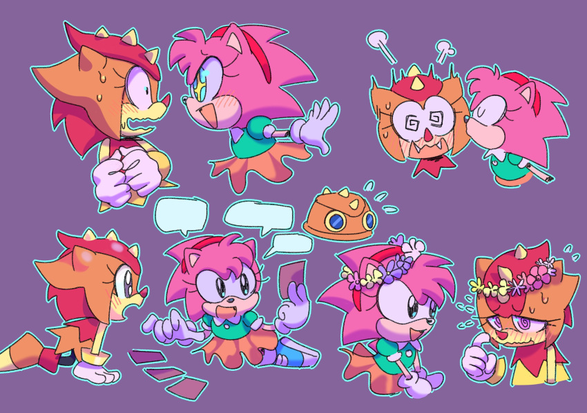 2girls @_@ amy_rose blush hairband head_wreath highres horns kaylla kiss kissing_cheek multiple_girls pink_hair skirt smile sonic_(series) sonic_superstars spoilers tarot tarot_(card) trip_the_sungazer upper_body wavy_mouth