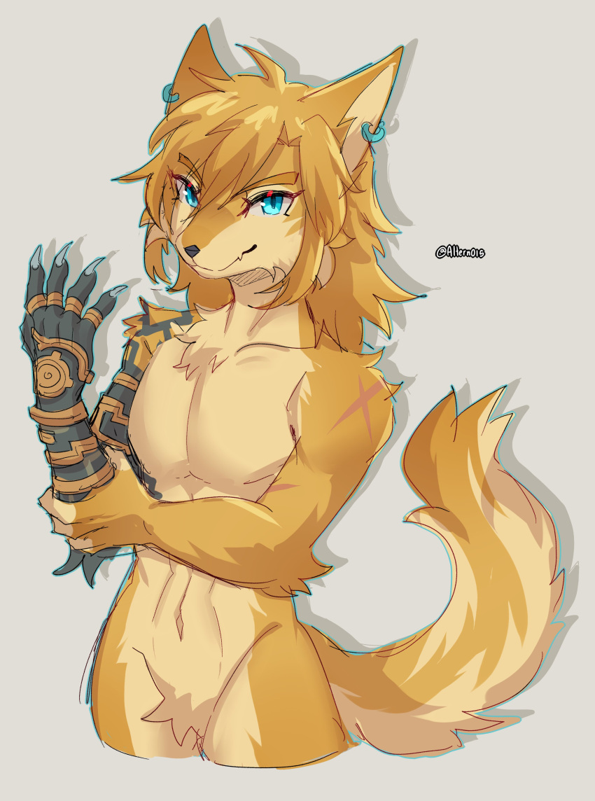 2023 absurd_res altern015 alternate_species anthro blonde_hair blue_eyes canid canine canis claws ear_piercing ear_ring featureless_crotch fingers fur furrification hair hi_res link link_(wolf_form) looking_at_viewer male mammal nintendo piercing ring_piercing signature simple_background smile solo tears_of_the_kingdom the_legend_of_zelda white_body white_fur wolf yellow_body yellow_fur