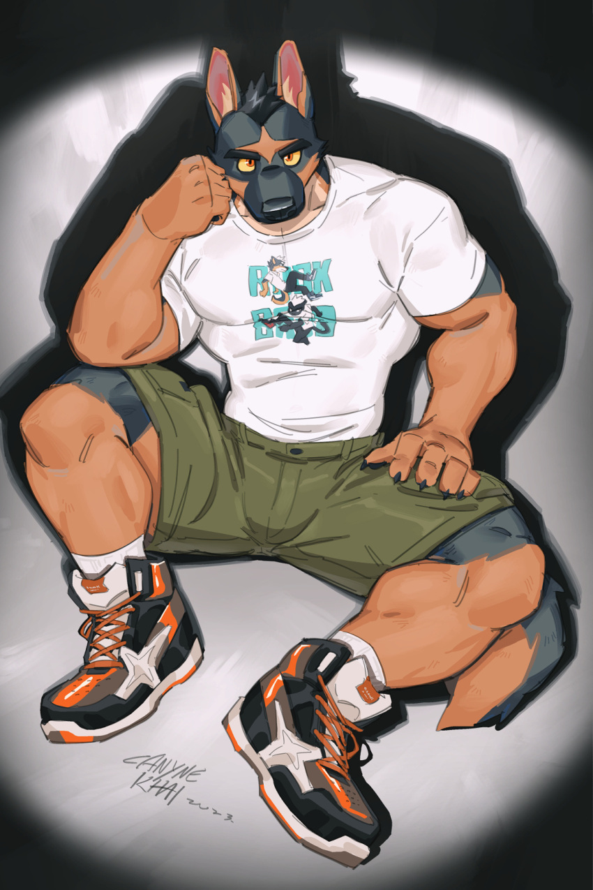 2:3 5_fingers anthro biped bottomwear canid canine canis canyne_khai claws clothed clothing domestic_dog fingers footwear hi_res inner_ear_fluff male mammal muscular muscular_anthro muscular_male shirt shoes shorts socks solo tail topwear tuft