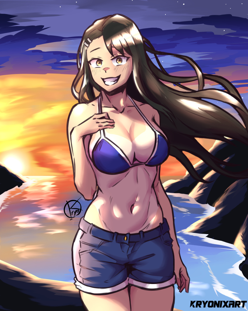 1girl absurdres alternate_breast_size asymmetrical_bangs backlighting bikini bikini_top_only black_hair black_shorts blue_bikini blush breasts brown_eyes cleavage commentary english_commentary grin hair_ornament hairclip highres ijiranaide_nagatoro-san kryonix_art large_breasts long_hair looking_at_viewer nagatoro_hayase navel ocean one-piece_tan shorts smile solo sunset swimsuit tan tanlines toned very_long_hair