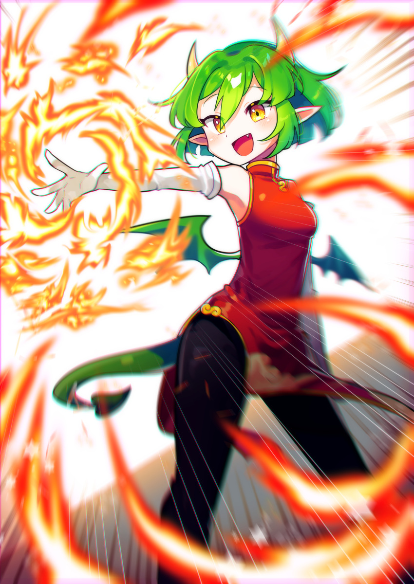 1girl absurdres black_pants china draco_centauros dragon_tail dragon_wings dress elbow_gloves emphasis_lines fire gloves green_eyes green_hair green_wings highres horns offbeat open_mouth outstretched_arm pants pants_under_dress pointy_ears puyopuyo pyrokinesis red_dress short_hair solo tail white_gloves wings yellow_eyes yellow_horns