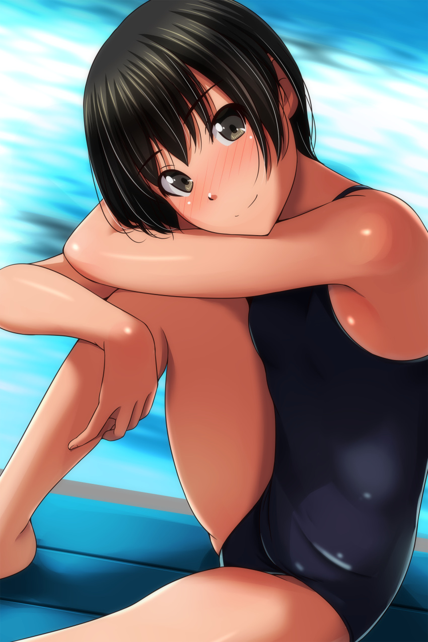 1girl absurdres barefoot black_eyes black_hair black_one-piece_swimsuit cowboy_shot head_tilt highres hugging_own_legs knee_up knees_to_chest looking_at_viewer matsunaga_kouyou one-piece_swimsuit original pool poolside school_uniform short_hair sitting solo swimsuit water