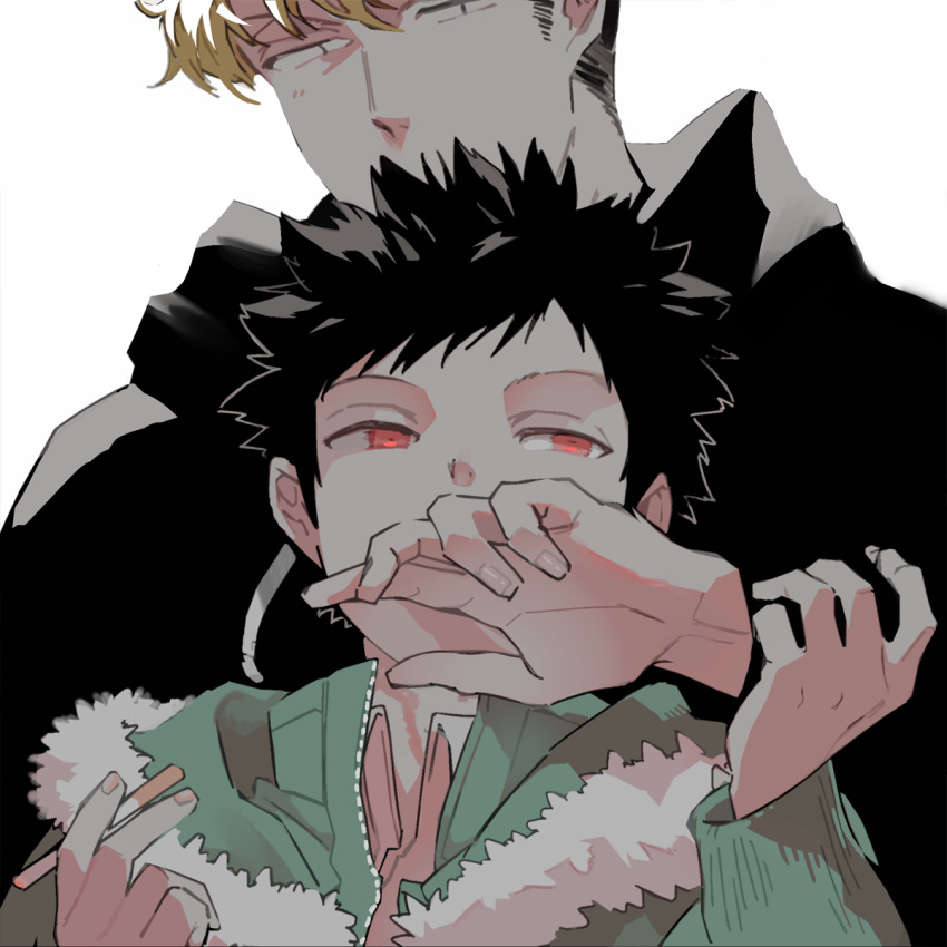 2boys black_hair black_hoodie blonde_hair cigarette couple covered_mouth covering_mouth drawstring fur-trimmed_jacket fur_trim hand_over_another's_mouth hand_up hands_up height_difference highres holding holding_cigarette hood hood_down hoodie jacket kazama_souya kiss kissing_hand kzmsnmjkk long_sleeves looking_ahead male_focus multiple_boys pants portrait red_eyes short_hair simple_background suwa_koutarou undercut white_background world_trigger yaoi