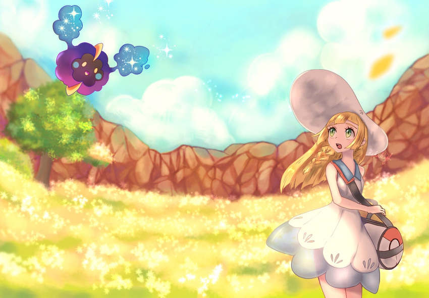 bag blonde_hair blunt_bangs cloud cloudy_sky cosmog day dress duffel_bag field flower flower_field green_eyes hat highres holding holding_bag lillie_(pokemon) long_hair looking_back looking_up open_mouth petals poke_ball_theme pokemon pokemon_(game) pokemon_following_human pokemon_sm rikurou see-through sky sleeveless sleeveless_dress sun_hat tree white_dress white_headwear yellow_flower