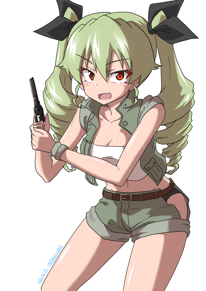 1girl absurdres anchovy_(girls_und_panzer) belt black_belt black_panties black_ribbon breasts cosplay country_connection cowboy_shot crop_top dated drill_hair drops_mint fio_germi fio_germi_(cosplay) girls_und_panzer green_hair green_jacket green_shorts gun hair_ribbon highres holding holding_gun holding_weapon jacket leaning_forward long_hair looking_at_viewer medium_breasts midriff navel open_clothes open_jacket open_mouth panties panty_peek red_eyes ribbon shirt short_shorts shorts side_cutout simple_background sleeveless sleeveless_jacket smile solo standing twin_drills twintails twitter_username underwear weapon white_background white_shirt wristband