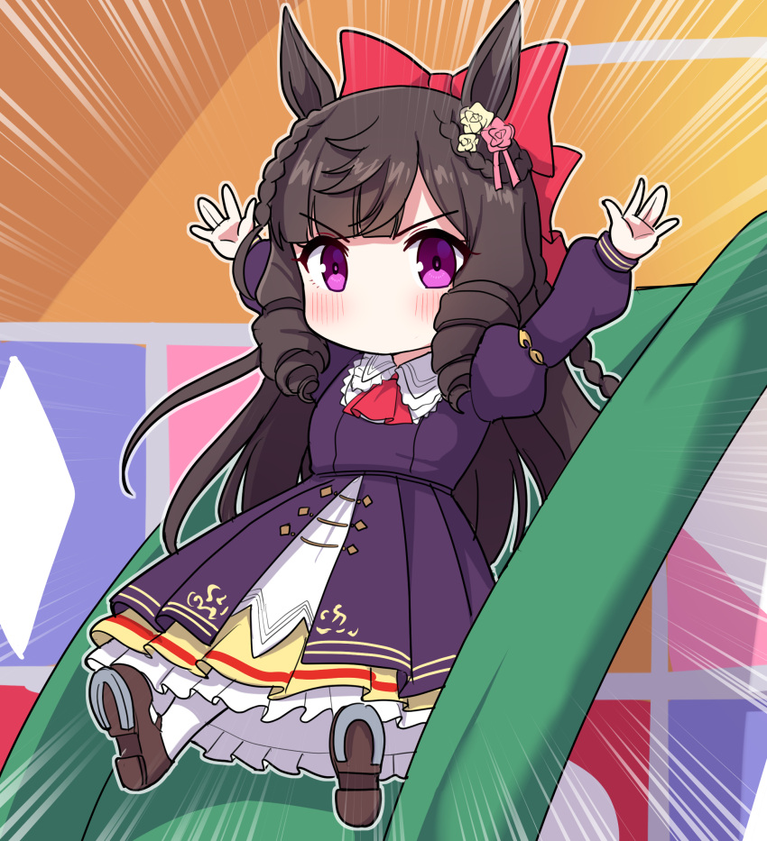 1girl animal_ears arms_up bangs black_hair blunt_bangs blush braid brown_footwear chibi commentary_request daiichi_ruby_(umamusume) dress drill_hair emphasis_lines flower full_body hair_flower hair_ornament highres horse_ears horseshoe juliet_sleeves long_hair long_sleeves looking_at_viewer pantyhose pink_flower pink_rose puffy_sleeves purple_dress purple_eyes pyoitto_hareruya rose shoe_soles shoes side_drill slide solo takiki twin_drills umamusume v-shaped_eyebrows very_long_hair white_pantyhose yellow_flower yellow_rose