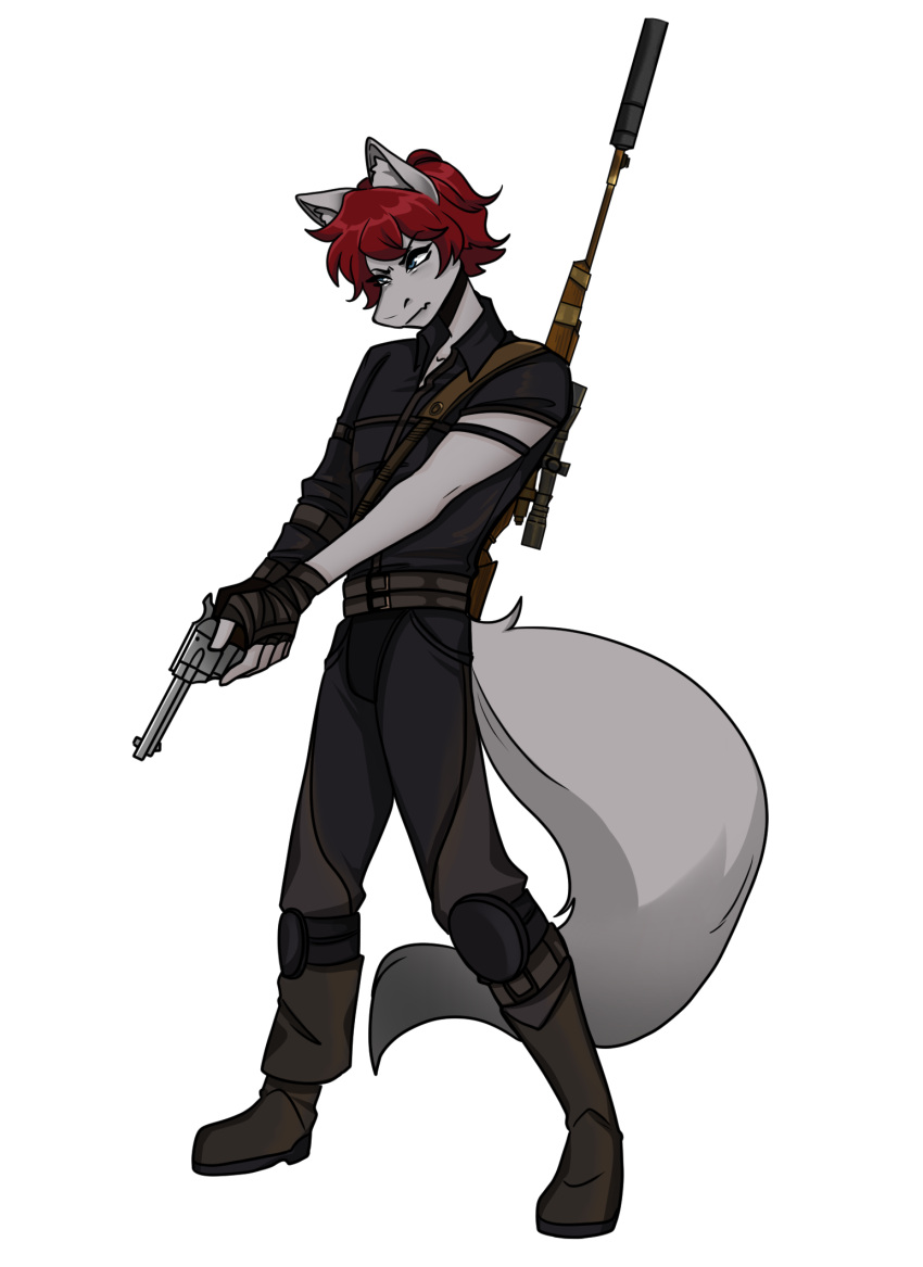 anthro bethesda_softworks blue_eyes canid canine canis clothing fallout gun hair handgun hi_res jason_maddox_(sniperwaffle115) leather leather_clothing luminaxandra male mammal ranged_weapon red_hair revolver rifle silencer sniper_rifle solo weapon wolf