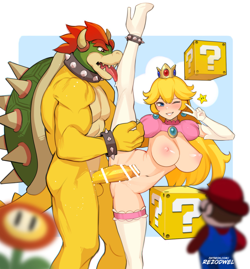 1girl 2boys ?_block artist_name bar_censor blonde_hair blurry blurry_foreground blush bowser bracelet breasts censored crown elbow_gloves erection feet_out_of_frame fire_flower foot_out_of_frame gloves grin hat hetero highres jewelry large_areolae large_breasts legs long_hair mario mario_(series) multiple_boys navel netorare nipples one_eye_closed open_mouth patreon_username penis princess_peach red_hair red_headwear rezodwel sharp_teeth smile spiked_anklet spiked_bracelet spikes split standing standing_on_one_leg standing_split super_star_(mario) teeth thighhighs turtle_shell v white_gloves white_thighhighs