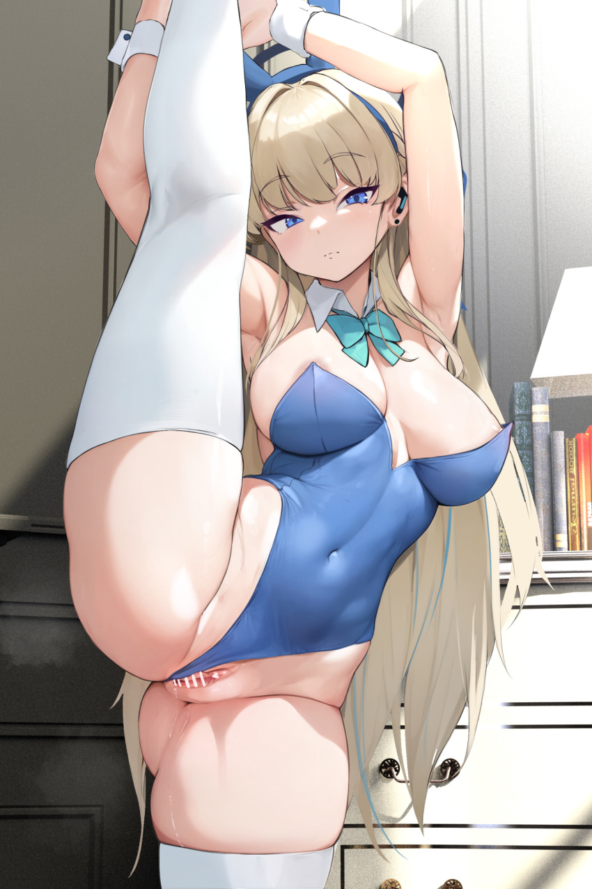 1girl animal_ears aqua_bow aqua_bowtie areola_slip armpits bar_censor blonde_hair blue_archive blue_eyes blue_hair blue_hairband blue_leotard bow bowtie breasts censored cleavage clothing_aside collarbone commentary_request detached_collar dikko earpiece fake_animal_ears female_pubic_hair hairband highleg highleg_leotard highres large_breasts leg_up leotard leotard_aside long_hair looking_at_viewer multicolored_hair official_alternate_costume playboy_bunny pubic_hair pussy rabbit_ears solo standing standing_on_one_leg strapless strapless_leotard streaked_hair thighhighs toki_(blue_archive) toki_(bunny)_(blue_archive) variant_set very_long_hair white_thighhighs white_wrist_cuffs wrist_cuffs