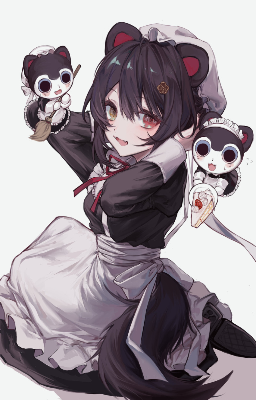 1girl absurdres animal_ears apron black_dress black_footwear black_hair broom cake crossed_bangs dog dog_ears dress dropping fangs flower food hair_between_eyes hair_flower hair_ornament heterochromia highres holding holding_broom holding_plate inui_toko kneeling living_plush looking_at_viewer looking_back maid maid_headdress neck_ribbon nijisanji oha_5250 open_mouth plate red_eyes red_ribbon ribbon simple_background smile solo strawberry_shortcake sweat tail virtual_youtuber waist_apron white_apron white_background white_headwear wrist_cuffs yellow_eyes