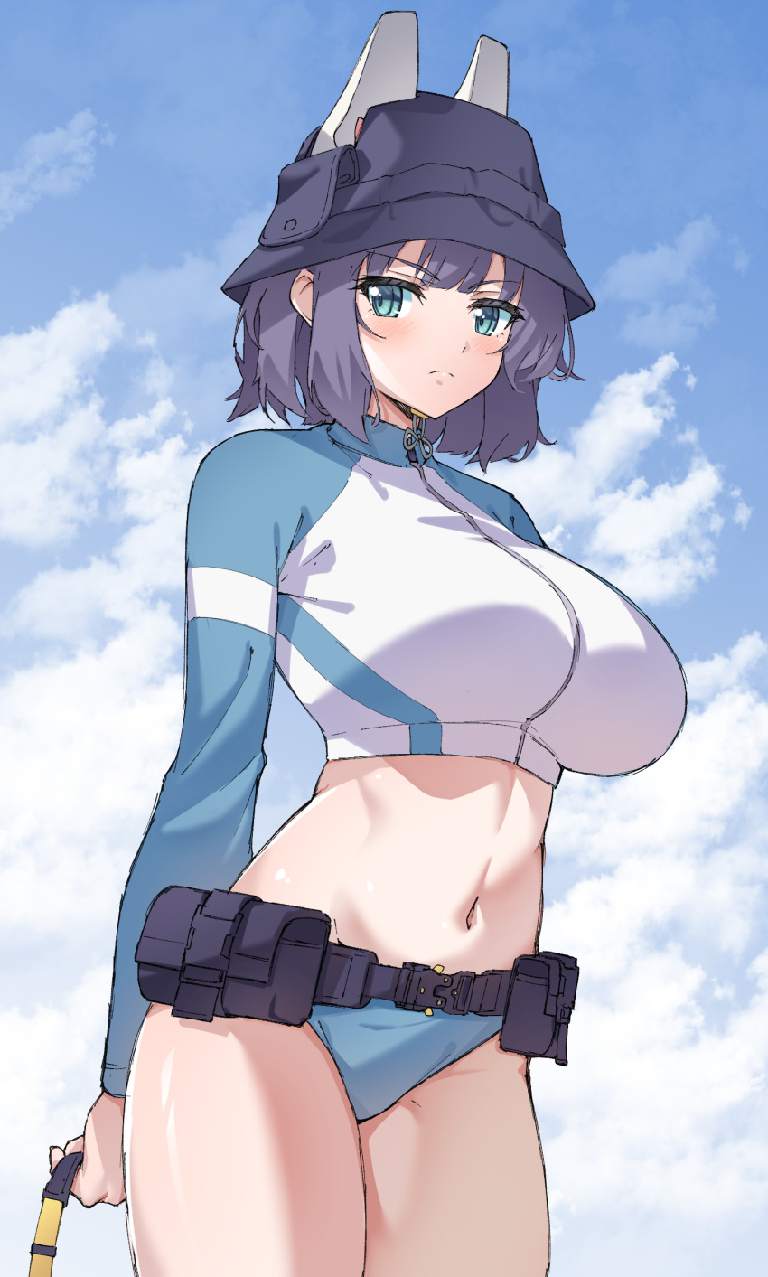 1girl absurdres arms_behind_back belt bikini black_hair blue_archive blush bodysuit breasts closed_mouth cloud cloudy_sky cowboy_shot day diving_suit hair_between_eyes highres large_breasts looking_at_viewer midriff mzrz navel saki_(blue_archive) saki_(swimsuit)_(blue_archive) sky solo standing stomach swimsuit thighs wetsuit zipper