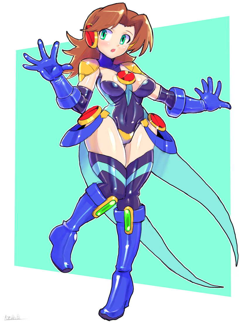 1girl black_leotard blue_footwear blue_gloves boots breasts brown_hair elbow_gloves genderswap genderswap_(mtf) gloves green_eyes highres knee_boots large_breasts leotard long_hair mega_man_(series) mega_man_battle_network megaman.exe oomasa_teikoku open_mouth parted_bangs shiny_skin solo