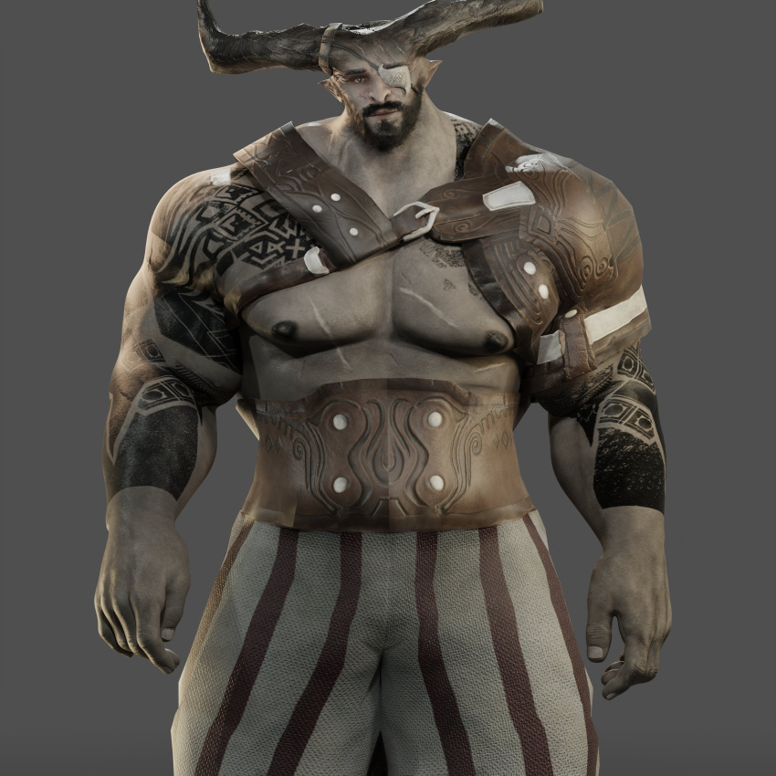 2_horns absurd_res bottomwear clothed clothing dragon_age hi_res horn humanoid iron_bull male muscular muscular_male nipples pants pecs qunari scar solo tattoo voluox