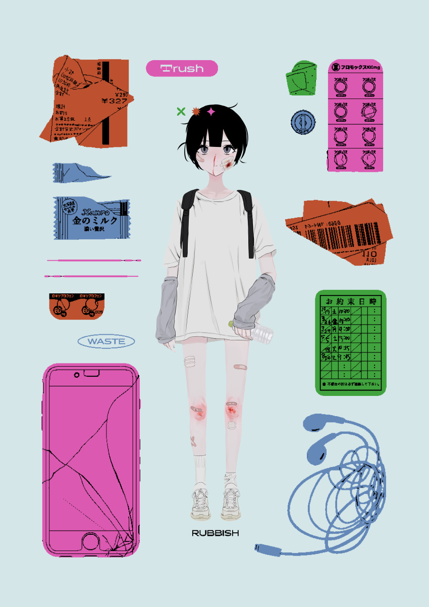 1girl absurdres arm_warmers backpack bag bandages bandaid bandaid_on_face bandaid_on_knee bandaid_on_leg barcode bleeding blister_pack blood blood_on_bandages blunt_bangs bottle broken_screen cellphone closed_mouth coin commentary earbuds earphones english_commentary english_text equipment_layout expressionless full_body gauze_on_cheek gauze_on_leg grey_arm_warmers grey_background grey_eyes highres holding holding_bottle looking_at_viewer no_pants nosebleed original phone pill pixelated plastic_bottle receipt scraped_knee shirt shoes short_hair short_sleeves shoulder_strap simple_background single_loose_sock smartphone sneakers solo standing toothpick uotak white_footwear white_shirt