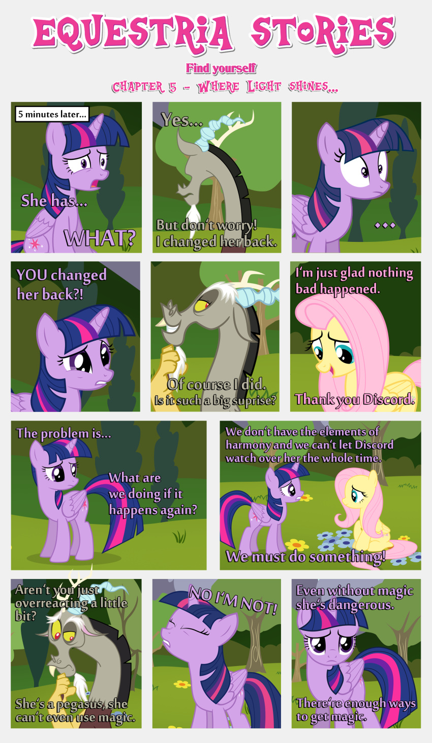 absurd_res anthro bangs black_border border chimera clearing cutie_mark dialogue discord_(mlp) draconequus equid equine estories eyes_closed female feral flower fluttershy_(mlp) folded_wings friendship_is_magic grass group hasbro hi_res horn male mammal my_little_pony narrowed_eyes open_mouth pegasus plant sitting standing tree trio twilight_sparkle_(mlp) what wide_eyed winged_unicorn wings