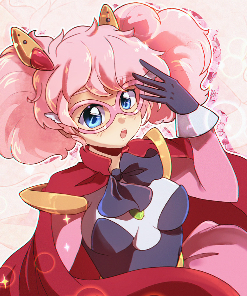 1girl absurdres black_bow black_gloves blush bow breasts cape dungeon_toaster eyelashes glasses gloves highres large_breasts looking_at_viewer open_mouth outline pink-framed_eyewear pink_hair rance_(series) red_cape sill_plain solo sparkle teeth twintails upper_body upper_teeth_only white_outline