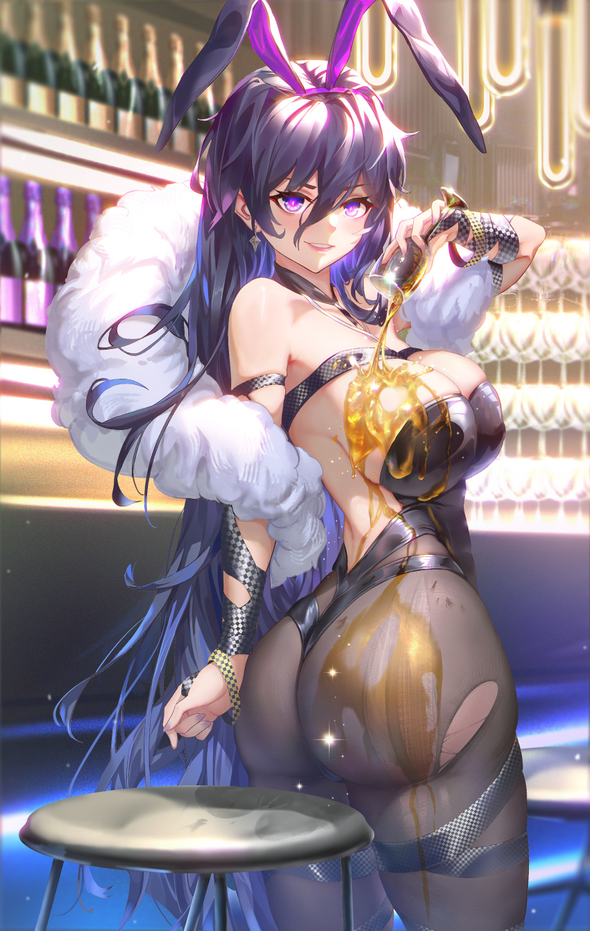1girl absurdres animal_ears black_hair black_leotard blurry blurry_background breasts chalice character_request cleavage cup earrings echocalypse fake_animal_ears feather_boa hair_between_eyes highres holding holding_cup jewelry large_breasts leotard liquid long_hair looking_at_viewer pantyhose parted_lips playboy_bunny purple_eyes purple_nails rabbit_ears shicha_(luohuan.nick) solo spilling stool torn_clothes torn_pantyhose